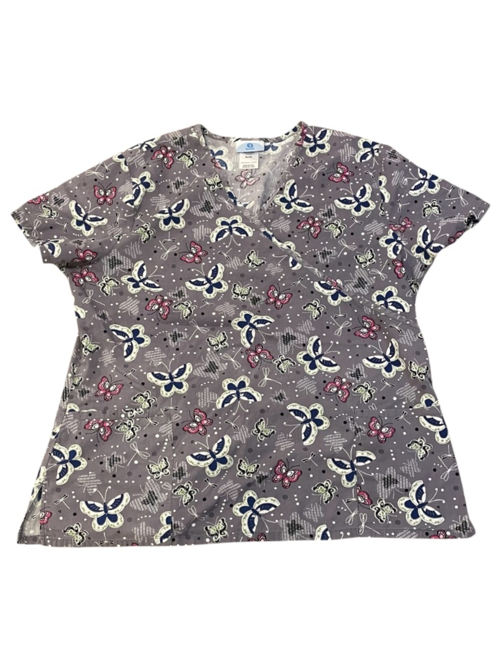 SB Scrubs Top Gray and Pink Butterfly Pattern Women’s Size XL
